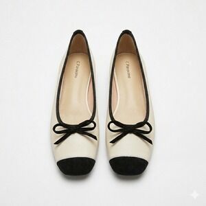 C.Paravano Ballet Flats Cap Toe Square Toe Bow Detail Shoes Cream Black Size 40